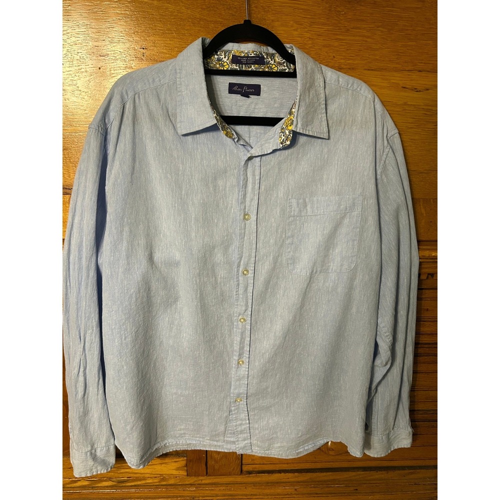 Alan Flusser Preppy Blue Linen Cotton Blend Floral Trim Long Sleeve Button Shirt